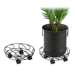 Relaxdays Support Roulant Plantes, 2, Rond, Intérieur Et Extérieur, Freins, Plateau Pour Pots De Fleurs, 28cm D. Métal