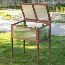 OUTSUNNY Mini Serre Sur Pieds Dim. 90L X 50l X 93H Cm Toit Ouvrable Panneaux De Polycarbonate Bois Sapin Traité -Promos Jardin Noble Magasin 28189137 2