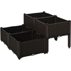 OUTSUNNY Jardinière Sur Pieds Carré Potager 2 étages Dim. 80L X 80l X 44H Cm Insert D'irrigation Plastique Imitation Rotin Tressé Chocolat