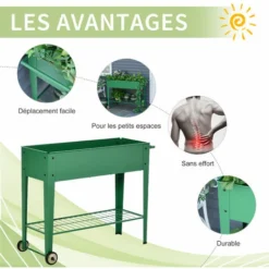 OUTSUNNY Jardinière Sur Pieds Potager Dim. 104L X 39l X 80H Cm étagère 2 Roues + Insert D'irrigation Métal Vert -Promos Jardin Noble Magasin 28443744 5