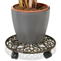 Relaxdays Porte-plantes à 4 Roulettes, Design Antique, Stable Et Résistant Aux Intempéries, Rond, Ø Env. 33,5 Cm, Bronze