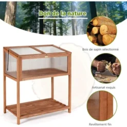 COSTWAY Mini Serre De Jardin Sur Pied En Bois Avec Couvercle Ouvrant Charnière Etagère à Lattes Grand Bac De Rangement 90x49x104,5cm -Promos Jardin Noble Magasin 33186258 2