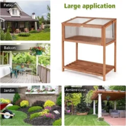COSTWAY Mini Serre De Jardin Sur Pied En Bois Avec Couvercle Ouvrant Charnière Etagère à Lattes Grand Bac De Rangement 90x49x104,5cm -Promos Jardin Noble Magasin 33186258 3