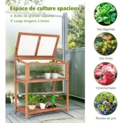 COSTWAY Mini Serre De Jardin Sur Pied En Bois Avec Couvercle Ouvrant Charnière Etagère à Lattes Grand Bac De Rangement 90x49x104,5cm -Promos Jardin Noble Magasin 33186258 4