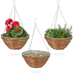 Relaxdays Suspension Pour Plantes, Lot De 3, Panier Tressé En Rotin, Fait Main, Pot De Fleur HxD 16 X 31 Cm, Vert-brun