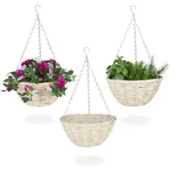Relaxdays Suspension Pour Plantes, Lot De 3, Panier Tressé En Rotin, Fait Main, Pot De Fleur HxD 15 X 30 Cm, Nature