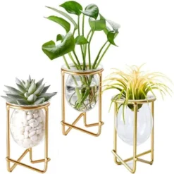 Porte-plantes Aériennes Décor En Métal Doré Pour La Maison Ensemble De 3 Mini-jardinières Géométriques Terrariums Vase En Verre Tillandsia Présentoirs Pour Femmes Vases Hydroponiques Pour Bureau (plan