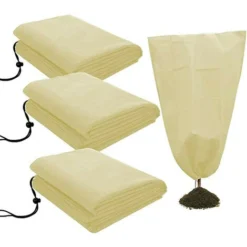 3Pcs Couverture Végétale De Protection Antigel Veste Polaire Jardin Couverture Warming Sac Sac à Cordonnet Pour La Taille Haies Arbres Fleurs Arbustes Ensemble , 1.2X1.8m, Beige