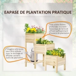 OUTSUNNY Jardinière Sur Pieds Carré Potager 3 étages Dim. 125L X 45l X 108H Cm Inserts D'irrigation étagère Bois Sapin Naturel -Promos Jardin Noble Magasin 48873244 4