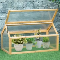 OUTSUNNY Mini Serre De Jardin Serre à Tomates Dim. 90L X 52l X 49,5H Cm Toit Ouvrable Panneaux De Polycarbonate Bois Sapin Pré-huilé -Promos Jardin Noble Magasin 48873258 2