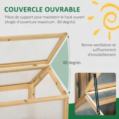 OUTSUNNY Mini Serre De Jardin Serre à Tomates Dim. 90L X 52l X 49,5H Cm Toit Ouvrable Panneaux De Polycarbonate Bois Sapin Pré-huilé -Promos Jardin Noble Magasin 48873258 5