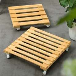 Lot De 2 Supports Pour Plantes En Bambou Avec Roues, Déménageur De Pots De Fleurs Pour Plantes Carrées Robustes, Pot De Fleur Mobile Pour L'extérieur Et L'intérieur -Promos Jardin Noble Magasin 49193315 3