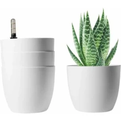 Bac à Fleurs Auto-Irrigation Blanc 15.5 13cm En Plastique Rond Lot De 4, Pot Avec Réserve D'eau Et Indicateur De Niveau D'eau Pot Avec Système D'arrosage