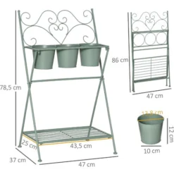 OUTSUNNY Étagère à Fleurs 2 Niveaux Style Rural Chic - Pliable - 3 Pots De Fleurs Inclus, étagère - Métal époxy Anticorrosion Vert D'eau -Promos Jardin Noble Magasin 52444454 3