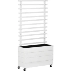 OUTSUNNY Jardinière Avec Treillis - Bac à Fleurs - Jardinière Sur Roulettes - Dim. 76L X 30l X 155H Cm - Inserts D'irrigation Et Géotextile Inclus - Bois Sapin Traité Peint Blanc