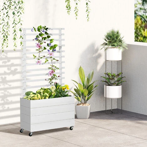 OUTSUNNY Jardinière Avec Treillis - Bac à Fleurs - Jardinière Sur Roulettes - Dim. 76L X 30l X 155H Cm - Inserts D'irrigation Et Géotextile Inclus - Bois Sapin Traité Peint Blanc 4 OUTSUNNY Jardinière Avec Treillis - Bac à Fleurs - Jardinière Sur Roulettes - Dim. 76L X 30l X 155H Cm - Inserts D'irrigation Et Géotextile Inclus - Bois Sapin Traité Peint Blanc – Image 2