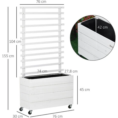 OUTSUNNY Jardinière Avec Treillis - Bac à Fleurs - Jardinière Sur Roulettes - Dim. 76L X 30l X 155H Cm - Inserts D'irrigation Et Géotextile Inclus - Bois Sapin Traité Peint Blanc 5 OUTSUNNY Jardinière Avec Treillis - Bac à Fleurs - Jardinière Sur Roulettes - Dim. 76L X 30l X 155H Cm - Inserts D'irrigation Et Géotextile Inclus - Bois Sapin Traité Peint Blanc – Image 3