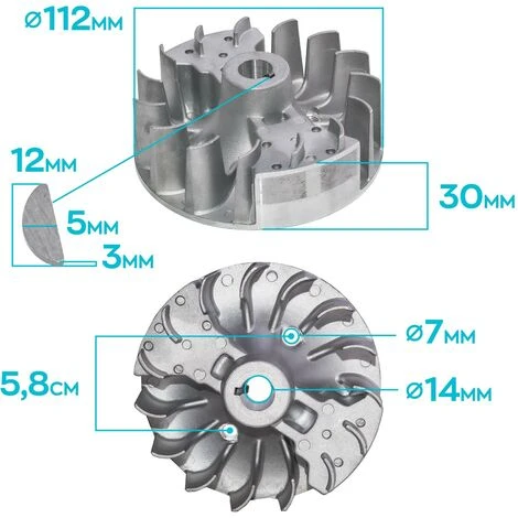 Volant Magnétique Pour Débroussailleuses, Débroussailleuses, Tondeuses à Gazon Et Motoculteurs 62cc. Volant De Remplacement En Alliage D'aluminium Ø112x30H Mm 5 Volant Magnétique Pour Débroussailleuses, Débroussailleuses, Tondeuses à Gazon Et Motoculteurs 62cc. Volant De Remplacement En Alliage D'aluminium Ø112x30H Mm – Image 3