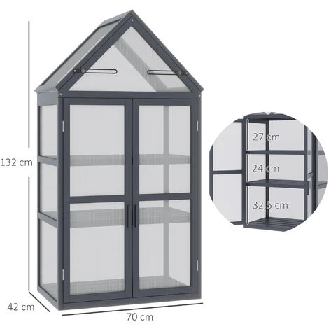 OUTSUNNY Mini Serre De Jardin En Polycarbonate Cadre En Bois 3 Niveaux Dim. 70,5L X 42l X 132H Cm Double Porte Aérations Réglables Gris 5 OUTSUNNY Mini Serre De Jardin En Polycarbonate Cadre En Bois 3 Niveaux Dim. 70,5L X 42l X 132H Cm Double Porte Aérations Réglables Gris – Image 3