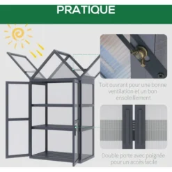 OUTSUNNY Mini Serre De Jardin En Polycarbonate Cadre En Bois 3 Niveaux Dim. 70,5L X 42l X 132H Cm Double Porte Aérations Réglables Gris 11 OUTSUNNY Mini Serre De Jardin En Polycarbonate Cadre En Bois 3 Niveaux Dim. 70,5L X 42l X 132H Cm Double Porte Aérations Réglables Gris -Promos Jardin Noble Magasin 53569991 5