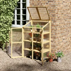 OUTSUNNY Mini Serre De Jardin En Polycarbonate Cadre En Bois 3 étagères Dim. 80L X 50l X 130H Cm Double Porte Toit Ouvrant Bois De Sapin Autoclave -Promos Jardin Noble Magasin 53569992 2