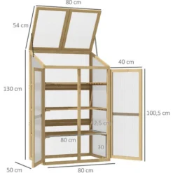 OUTSUNNY Mini Serre De Jardin En Polycarbonate Cadre En Bois 3 étagères Dim. 80L X 50l X 130H Cm Double Porte Toit Ouvrant Bois De Sapin Autoclave -Promos Jardin Noble Magasin 53569992 3