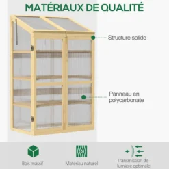 OUTSUNNY Mini Serre De Jardin En Polycarbonate Cadre En Bois 3 étagères Dim. 80L X 50l X 130H Cm Double Porte Toit Ouvrant Bois De Sapin Autoclave -Promos Jardin Noble Magasin 53569992 4