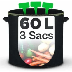 ZOLGINAH 3 Grands Sacs De Plantation En Geotextile 60L Avec Poignées - 3 Étiquettes - Pots Pour Tomates, Poivrons, Carottes