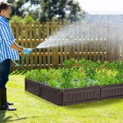 RELAX4LIFE Jardinière Surélevée Modulable En HDPE Lot De 8 Panneaux Carré Potager Extérieur Avec 8 Piquets En Métal, Utilisastion Polyvalente Bac à Fleurs Bac à Sable (Lot De 8 Panneaux, Marron) -Promos Jardin Noble Magasin 66210671 5