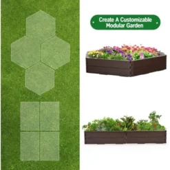 RELAX4LIFE Jardinière Surélevée Modulable En HDPE Lot De 6 Panneaux Carré Potager Extérieur Avec 8 Piquets En Métal, Utilisastion Polyvalente Bac à Fleurs Bac à Sable (Lot De 6 Panneaux, Marron) -Promos Jardin Noble Magasin 66210776 4
