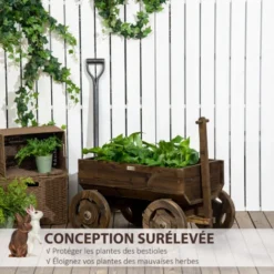 OUTSUNNY Porte-plantes Charrette - Jardinière Design Chariot - Dim. 120L X 53l X 55H Cm - Bois Sapin Traité Carbonisation -Promos Jardin Noble Magasin 82629633 4
