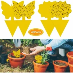 48 Pièces Plug-In Flytrap Yellow Plate Yellow Sticker Protection Des Plantes Contre Les Pucerons, Les Mouches Des Feuilles Et Les Parasites, Idéal Pour Les Plantes De Balcon Ou De Jardin