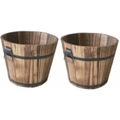 2x Planteurs De Baril De Seau En Bois Jardinières En Tonneau En Bois, Jardinières De Patio Rustiques, Pots De Fleurs, 10x12CM