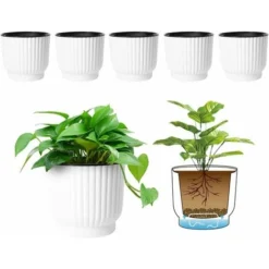 AIDUCHO 6pcs Bac à Fleurs Auto-Irrigation Plastique Rond - Blanc, Pot Avec Réserve D'eau Pot Avec Système D'Arrosage Pour Planter Les Plantes Fleur Facilement, Décoration Pour Jardin Maison 15cm