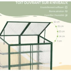 OUTSUNNY Mini Serre De Jardin 3 Niveaux Dim. 110L X 60l X 98H Cm Double Porte Toit Ouvrant Alu. Vert Polycarbonate -Promos Jardin Noble Magasin 91064998 5