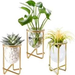 Porte-plantes Aériennes Décor En Métal Doré Pour La Maison Ensemble De 3 Mini-jardinières Géométriques Terrariums Vase En Verre Tillandsia Présentoirs Pour Femmes Vases Hydroponiques Pour Bureau (plan