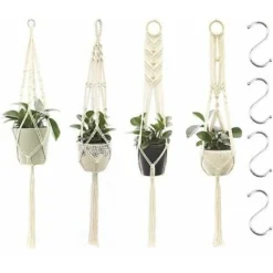 Suspension Plantes Macramé, 4 Pièces Macramé Panier De Supports De Plantes Avec 4 Crochets De Suspension, Tissés à Main Fleurs En Macramé Plant Hangers Pour Jardin Décor Intérieur Extérieur
