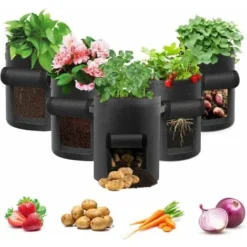Sac De Culture De Pommes De Terre, Lot De 5 Sacs De Culture De Légumes De 10 Gallons Sac De Culture De Jardin Respirant Pour Planter Des Pots En Tissu De Tomate Avec Poignées De Sangle Et Rabat D'accè