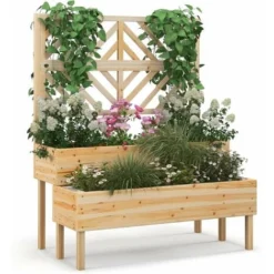 COSTWAY Jardinière 2 Niveaux Avec Treillis En Bois De Sapin Avec Trou De Drainage, Bac à Fleurs Pour Plante Grimpante, Lit De Jardin Résistance Aux Intempéries 109 X 62 X 135 Cm