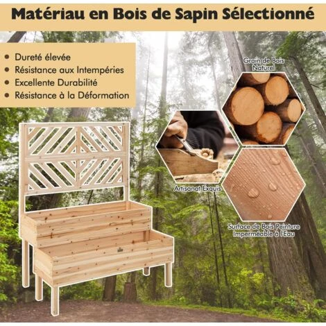 COSTWAY Jardinière 2 Niveaux Avec Treillis En Bois De Sapin Avec Trou De Drainage, Bac à Fleurs Pour Plante Grimpante, Lit De Jardin Résistance Aux Intempéries 109 X 62 X 135 Cm 6 COSTWAY Jardinière 2 Niveaux Avec Treillis En Bois De Sapin Avec Trou De Drainage, Bac à Fleurs Pour Plante Grimpante, Lit De Jardin Résistance Aux Intempéries 109 X 62 X 135 Cm – Image 4