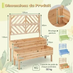 COSTWAY Jardinière 2 Niveaux Avec Treillis En Bois De Sapin Avec Trou De Drainage, Bac à Fleurs Pour Plante Grimpante, Lit De Jardin Résistance Aux Intempéries 109 X 62 X 135 Cm 11 COSTWAY Jardinière 2 Niveaux Avec Treillis En Bois De Sapin Avec Trou De Drainage, Bac à Fleurs Pour Plante Grimpante, Lit De Jardin Résistance Aux Intempéries 109 X 62 X 135 Cm -Promos Jardin Noble Magasin 95979985 5