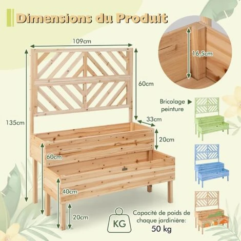 COSTWAY Jardinière 2 Niveaux Avec Treillis En Bois De Sapin Avec Trou De Drainage, Bac à Fleurs Pour Plante Grimpante, Lit De Jardin Résistance Aux Intempéries 109 X 62 X 135 Cm 7 COSTWAY Jardinière 2 Niveaux Avec Treillis En Bois De Sapin Avec Trou De Drainage, Bac à Fleurs Pour Plante Grimpante, Lit De Jardin Résistance Aux Intempéries 109 X 62 X 135 Cm – Image 5