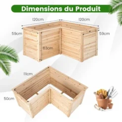 COSTWAY Carré Potager Jardinière En Bois De Sapin Base Ouverte En L, Jardinière Surélevée Pour Légumes Fruits, Pour Jardin Cour Pelouse, 120 X 120 X 62 Cm -Promos Jardin Noble Magasin 95979997 5