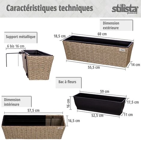 STILISTA Set De 2 Bacs à Fleurs En Poly Rotin 60 X 16 X 19 Cm, Y Compris Suspension Réglable Et Insert Amovible En Plastique, En 4 Couleurs Différentes, Gris 6 STILISTA Set De 2 Bacs à Fleurs En Poly Rotin 60 X 16 X 19 Cm, Y Compris Suspension Réglable Et Insert Amovible En Plastique, En 4 Couleurs Différentes, Gris – Image 4