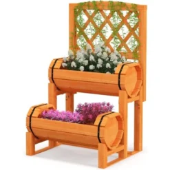RELAX4LIFE 2 En 1 Jardinière Surélevée Avec Treillis à 2 Niveaux, 2 Bac à Fleurs En Bois Massif, Pour Plantes Grimpantes, Herbes, Légumes, Fleurs, Pour Cour, Jardin, Patio, 45X45X80,5CM
