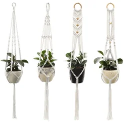 Suspension Plantes Macramé, 4 Pièces Macramé Panier De Supports De Plantes Avec 4 Crochets De Suspension, Tissés à Main Fleurs En Macramé Plant Hangers Pour Jardin Décor Intérieur Extérieur
